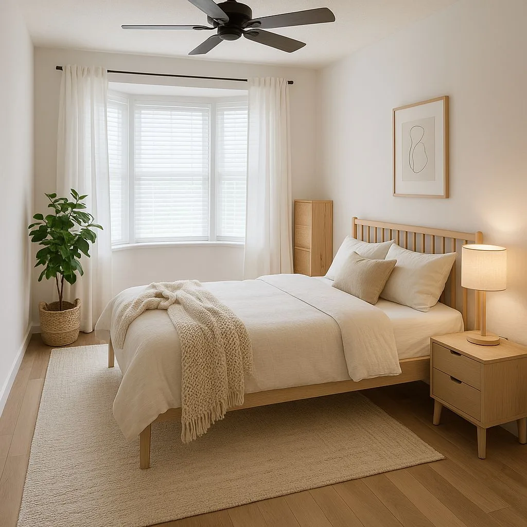 Scandinavian minimalist bedroom with light wood frame bed, white linen duvet, beige rug, sheer curtains, wood nightstand, photorealistic interior design photography, 8k