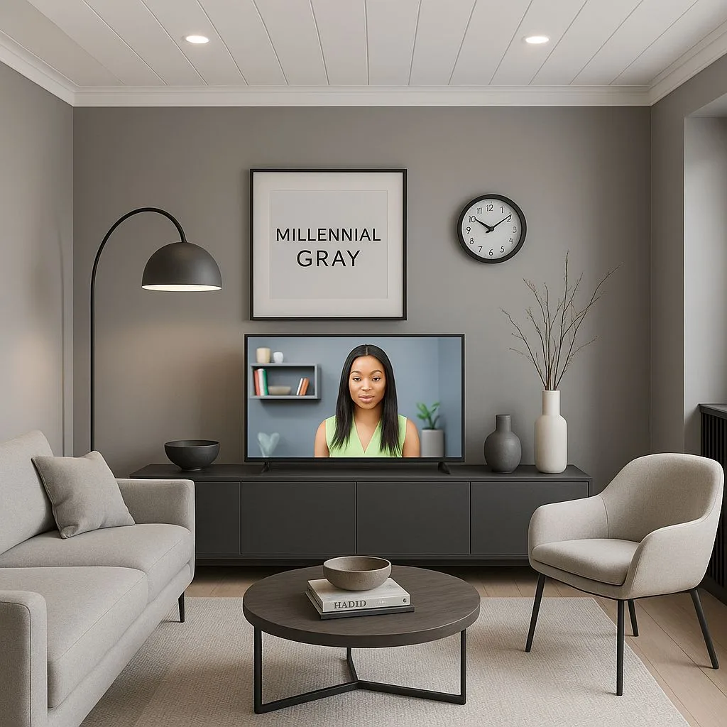 Modern minimalist living room with gray walls, light gray sofa, dark wood media console, round coffee table, black arc lamp, photorealistic interior design photography, 8k
