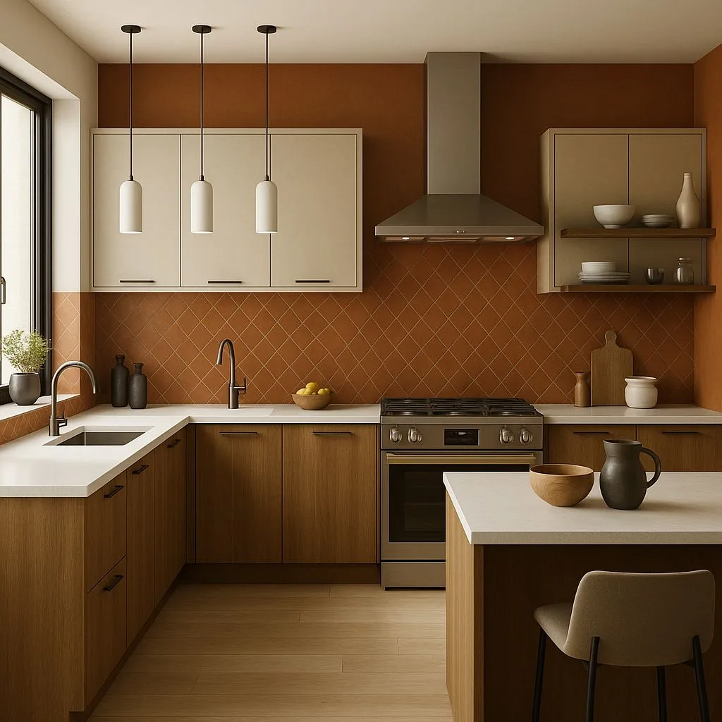 Modern terracotta kitchen with light wood cabinets, white countertops, diamond tile backsplash, stainless steel appliances, cylinder pendant lights, photorealistic interior design photography, 8k