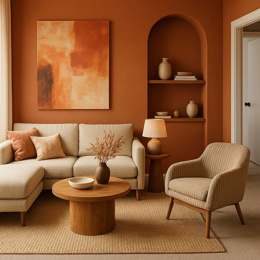 Mid-century modern living room with terracotta walls, beige sectional, round wood table, textured jute rug, ceramic lamp, photorealistic interior design photography, 8k