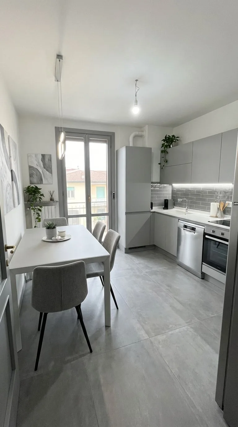 Modern minimalist kitchen with light grey cabinets, stainless steel appliances, white dining table, grey upholstered chairs, porcelain tile floor, photorealistic interior design photography, 8k