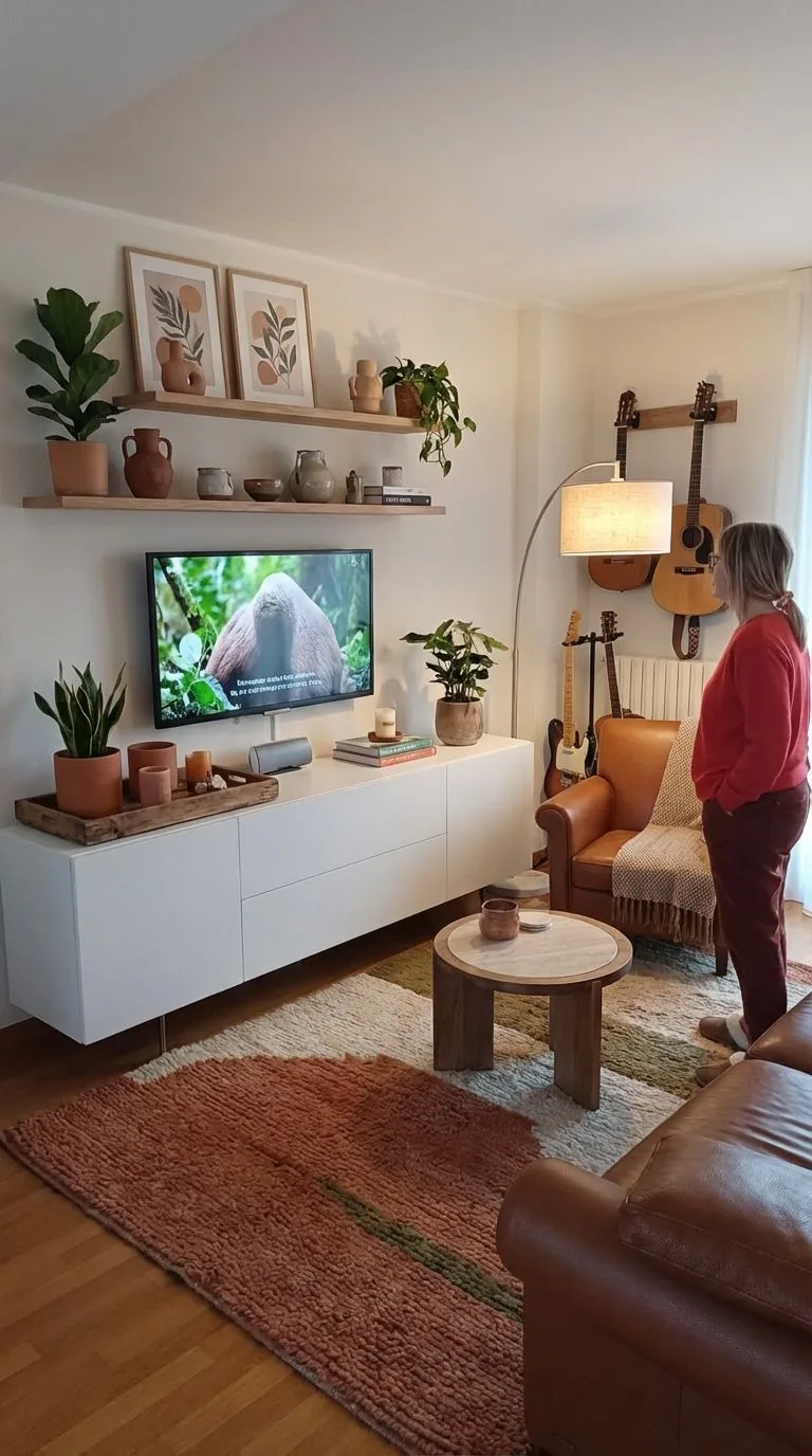 Eclectic living room with white media console, floating wood shelves styled with plants, leather armchair, guitars on wall, terracotta rug, photorealistic interior design photography, 8k