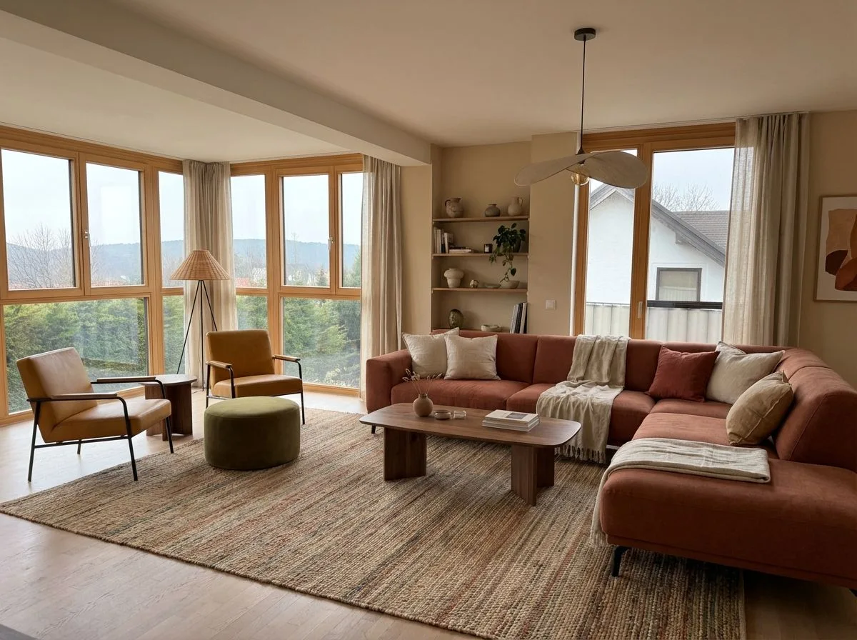 Warm contemporary living room with terracotta sectional, natural jute rug, wood frame windows, built-in shelves, beige linen curtains, photorealistic interior design photography, 8k