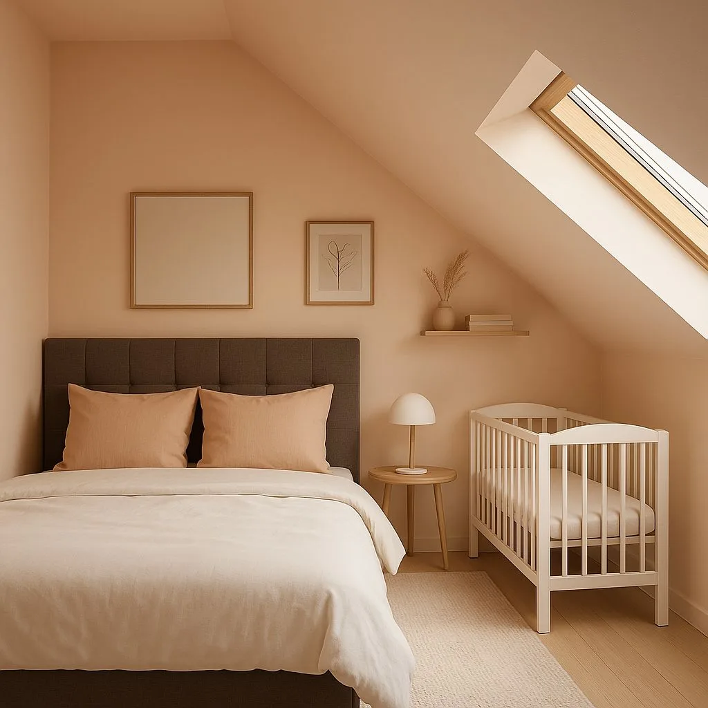 Minimalist attic nursery with peach walls, gray upholstered bed, white crib, light wood floors, minimalist art, photorealistic interior design photography, 8k
