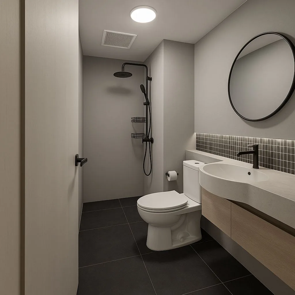 Modern minimalist bathroom with warm grey walls, black porcelain tile floor, light wood vanity, round black mirror, black shower fixtures, photorealistic interior design photography, 8k
