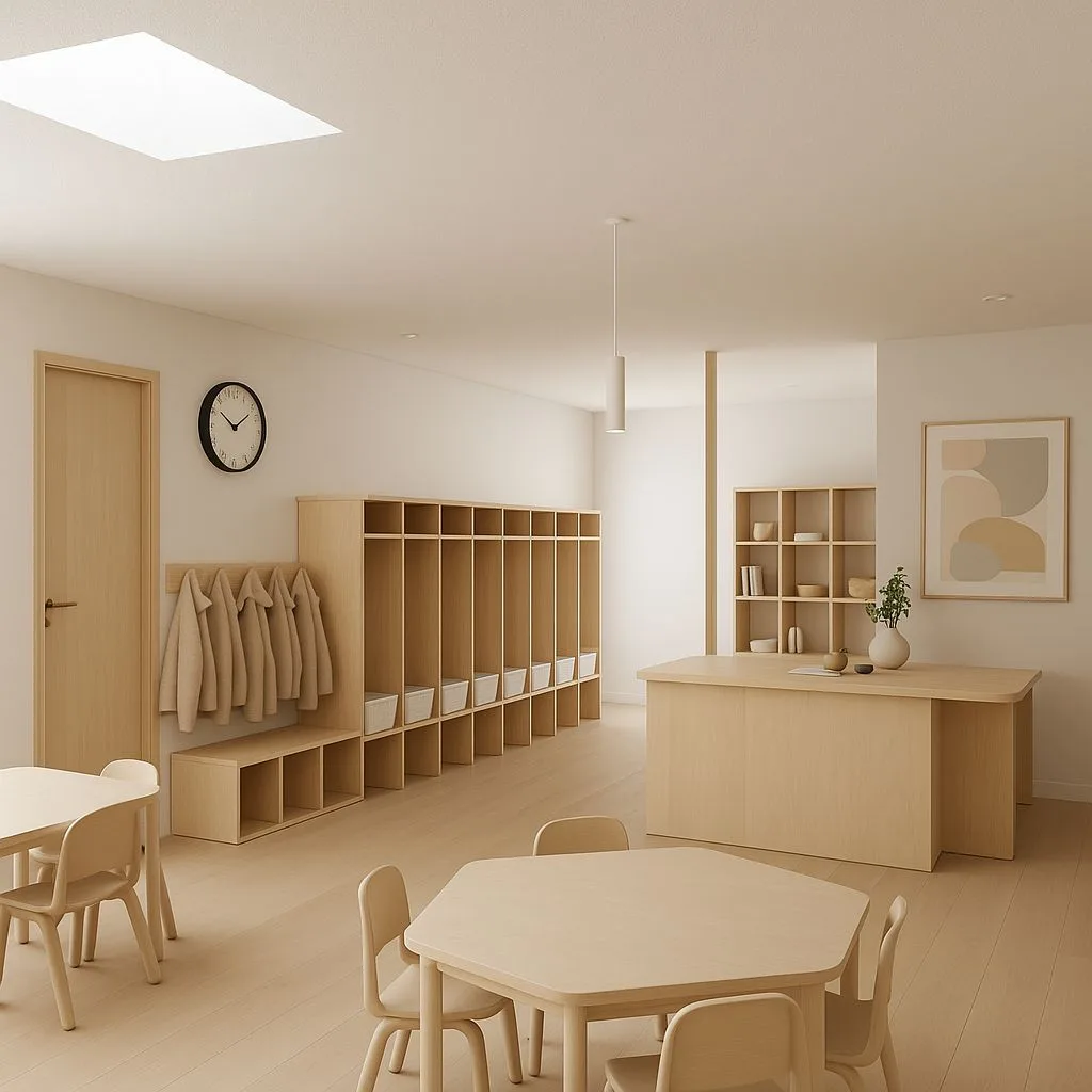 Minimalist Scandinavian kindergarten classroom with light wood cubbies, tables, chairs, white walls, geometric artwork, recessed lighting, photorealistic interior design photography, 8k