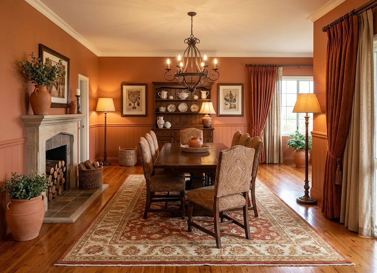 Traditional dining room with terracotta walls, wood floors, dark wood table, patterned chairs, stone fireplace, photorealistic interior design photography, 8k