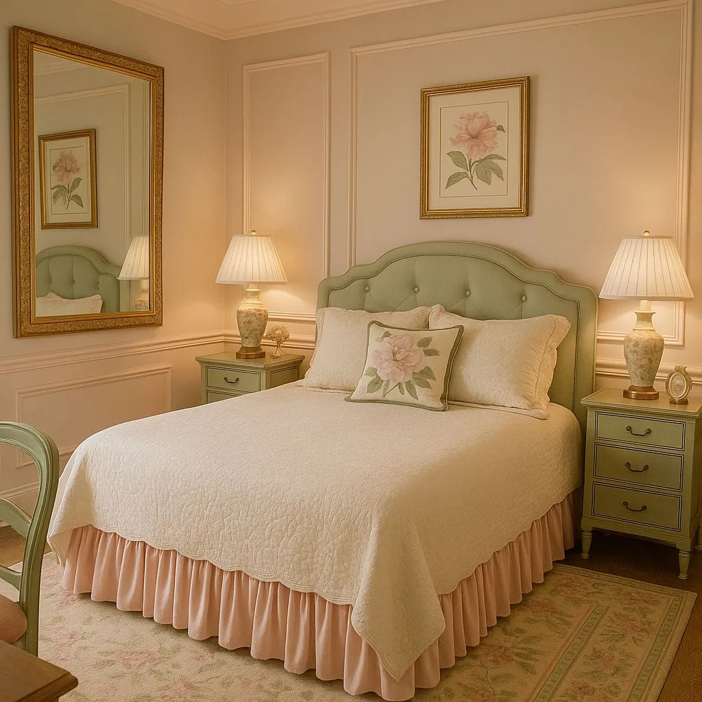 Traditional bedroom with light green headboard, white quilted bedding, pink ruffle, floral rug, ceramic lamps, photorealistic interior design photography, 8k