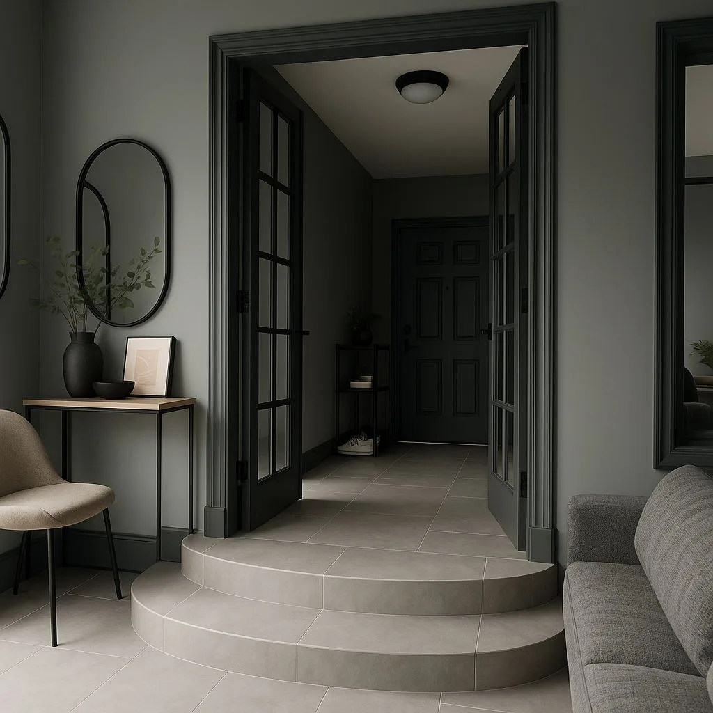 Transitional entryway in dark grey hues with painted wood trim, black framed glass doors, neutral ceramic tile flooring, minimal decor, photorealistic interior design photography, 8k