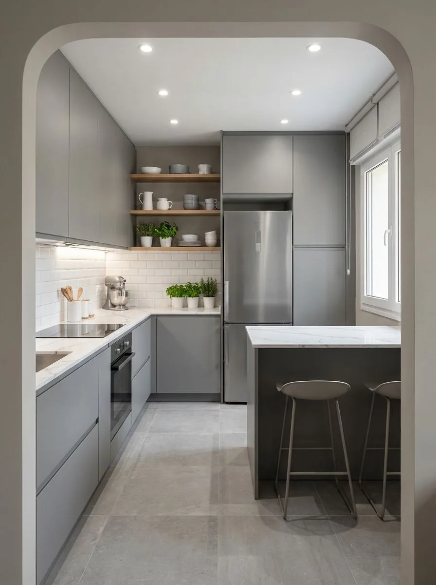 Modern minimalist kitchen with flat gray cabinets, white subway tile, marble countertops, light wood shelves, stainless steel appliances, photorealistic interior design photography, 8k