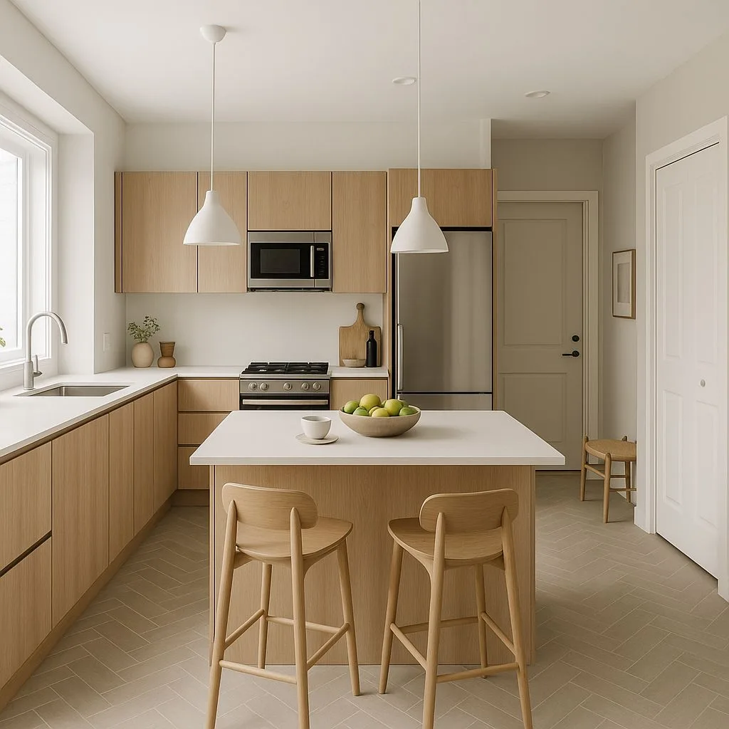 Modern Scandinavian kitchen with light oak cabinets, white countertops, herringbone tile floor, white pendants, wooden stools, photorealistic interior design photography, 8k