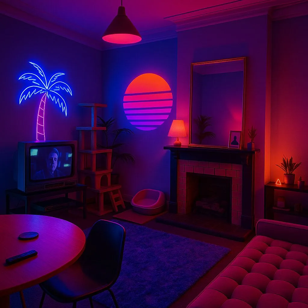 Retro 80s living room with neon palm tree, sunset sign, brick fireplace, pink sofa, round wood table, blue carpet, photorealistic interior design photography, 8k