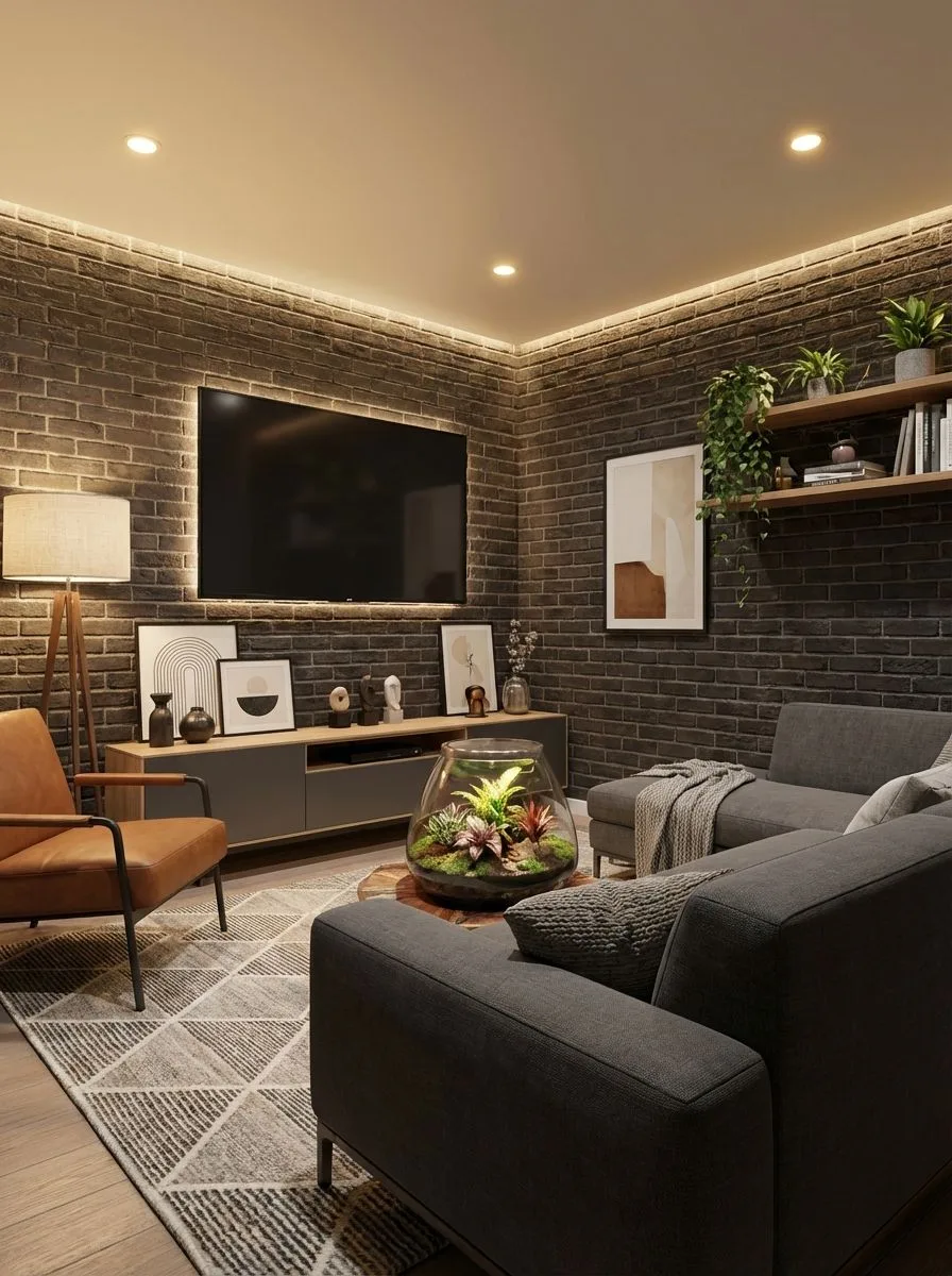 Modern industrial living room featuring dark grey brick walls, recessed lighting, grey sectional sofa, leather armchair, terrarium coffee table, photorealistic interior design photography, 8k