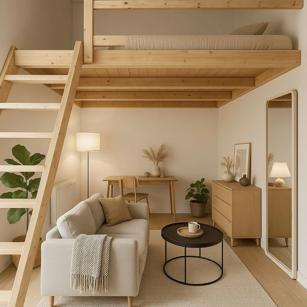 Scandinavian studio apartment with light pine lofted bed, beige sofa, black round table, neutral rug, potted plant, photorealistic interior design photography, 8k