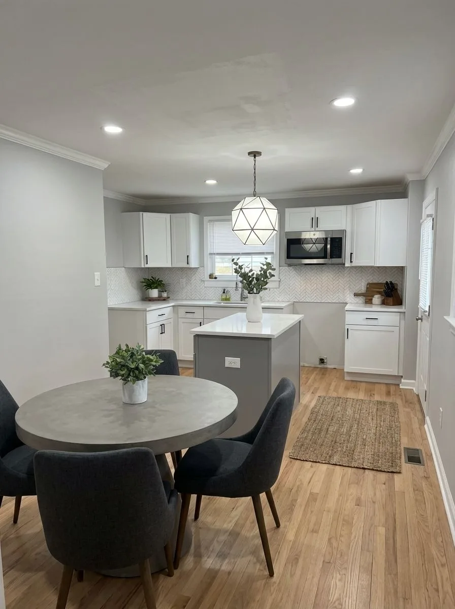 Modern transitional kitchen with white cabinets, herringbone tile backsplash, light wood floors, concrete table, geometric pendant, photorealistic interior design photography, 8k