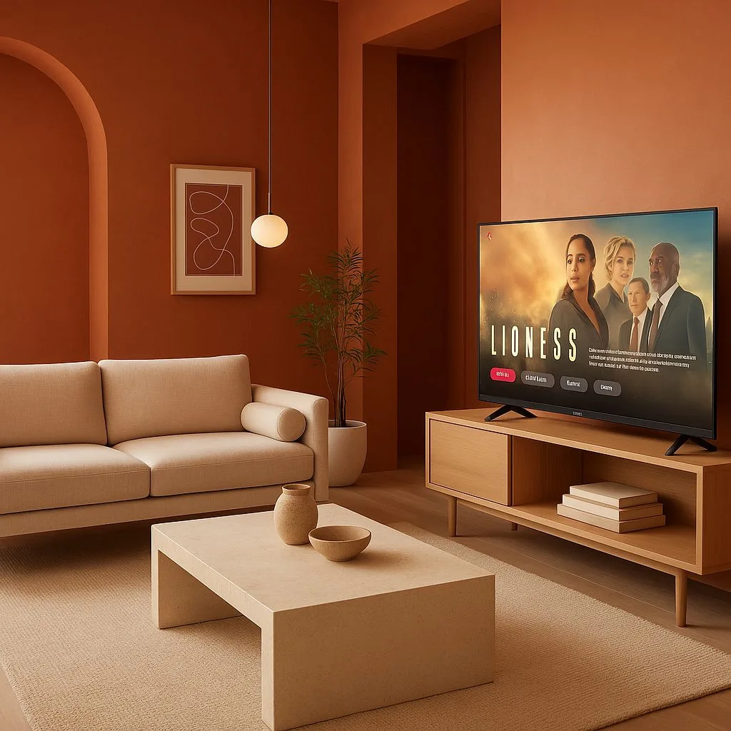 Modern terracotta living room with beige linen sofa, light wood media console, stone coffee table, globe pendant light, abstract art, photorealistic interior design photography, 8k