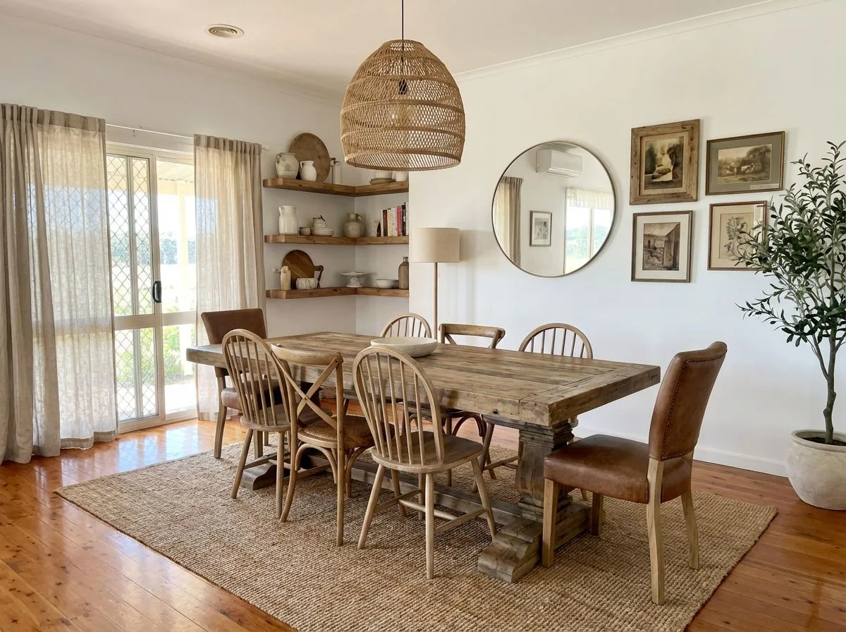 Rustic farmhouse dining room with reclaimed wood table, jute rug, linen curtains, open shelving, woven pendant light, photorealistic interior design photography, 8k