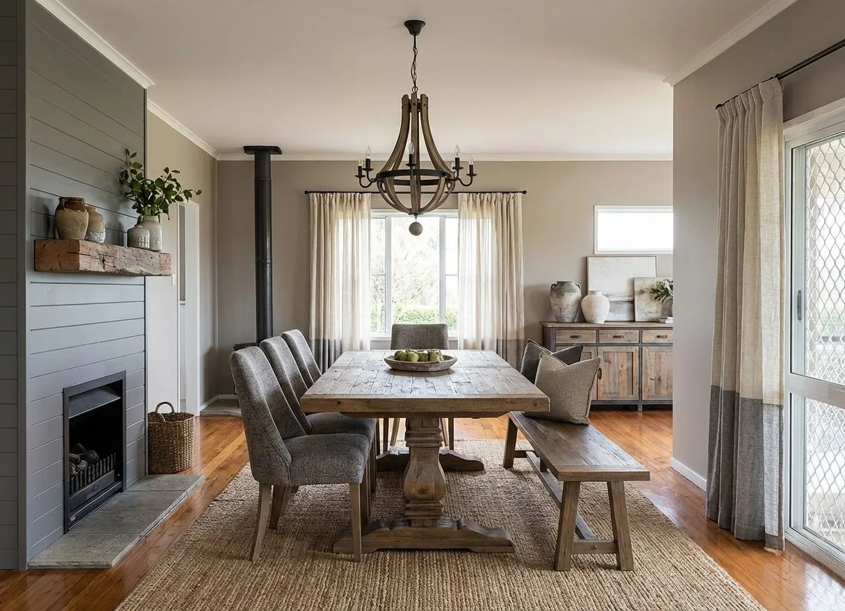 Rustic farmhouse dining room with reclaimed wood table, upholstered gray chairs, wooden bench, jute rug, wood chandelier, photorealistic interior design photography, 8k