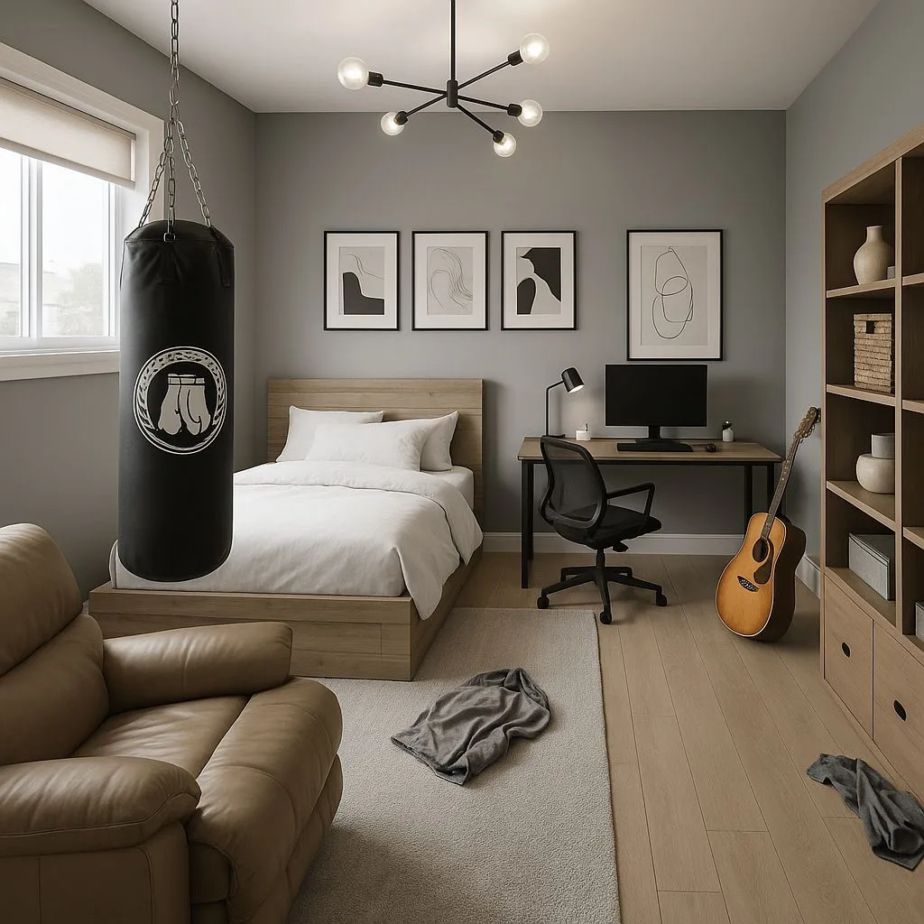 Contemporary gray bedroom with light wood platform bed, black punching bag, desk with computer, tan leather armchair, black sputnik chandelier, photorealistic interior design photography, 8k