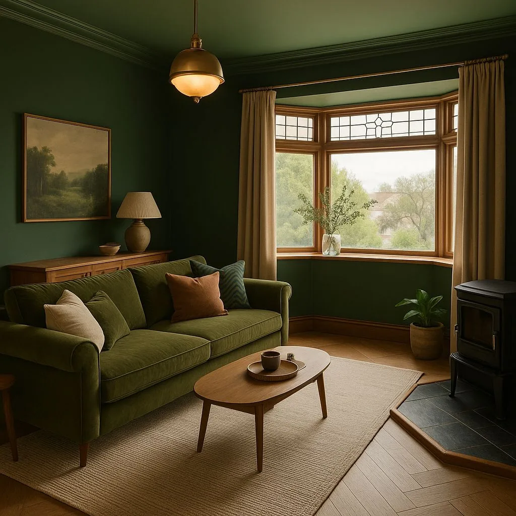 Traditional living room with forest green walls, olive velvet sofa, herringbone wood floors, brass pendant, beige rug, photorealistic interior design photography, 8k