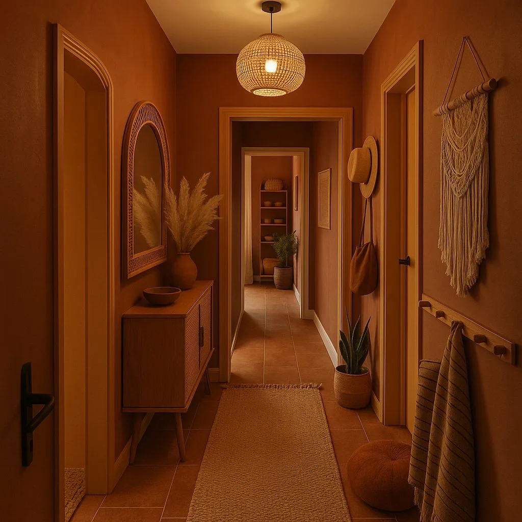 Bohemian hallway with terracotta walls, rattan cabinet, woven pendant, arched mirror, jute runner, macrame wall hanging, photorealistic interior design photography, 8k