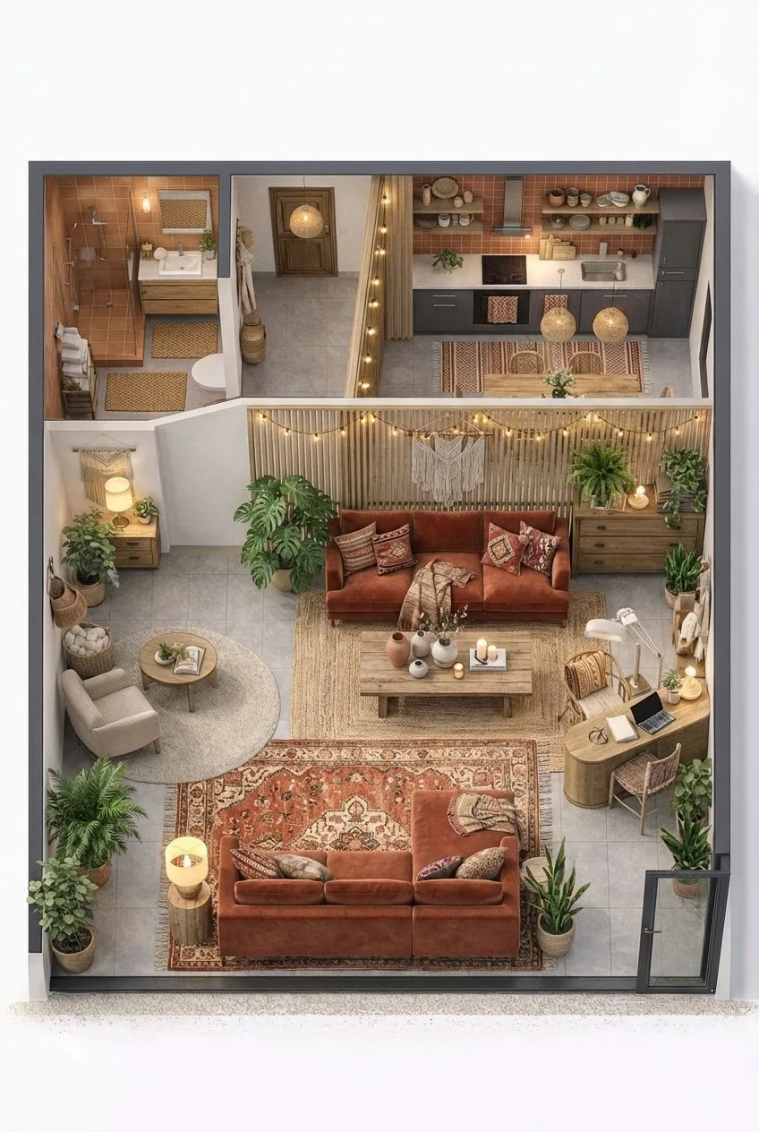 Bohemian open floor plan with terracotta tile, rust sofas, jute rugs, wood dining table, rattan pendants, photorealistic interior design photography, 8k