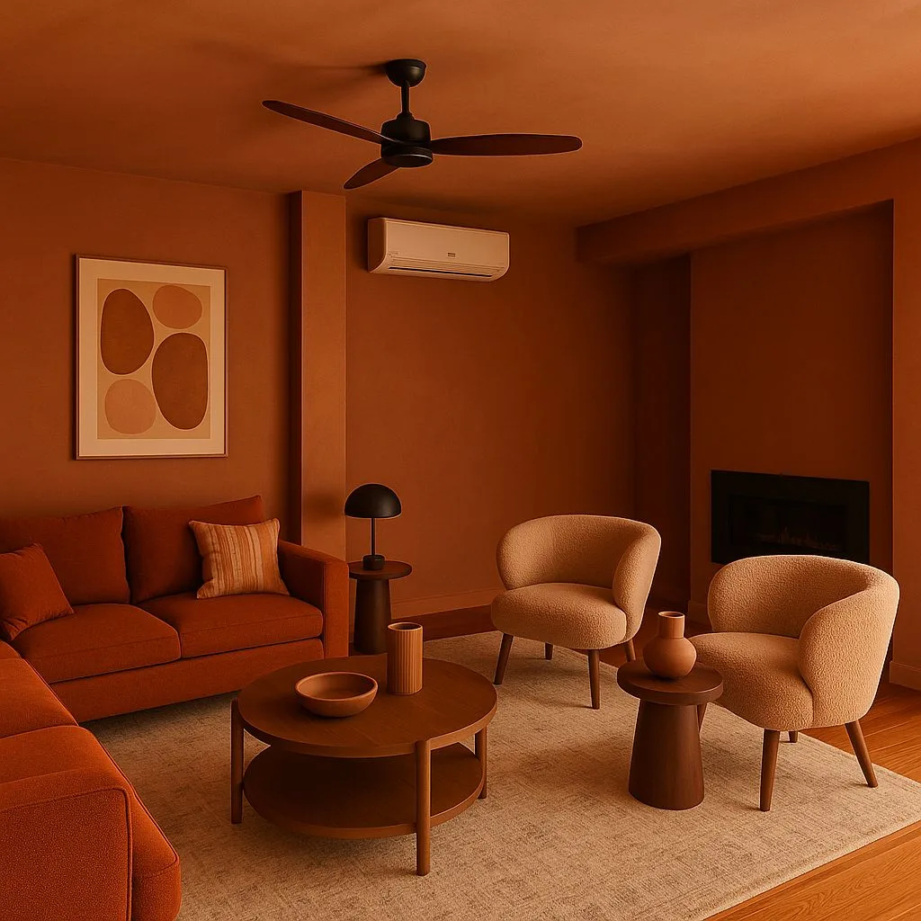 Contemporary terracotta living room with matching sectional sofa, neutral boucle armchairs, dark wood side tables, round coffee table, black ceiling fan, photorealistic interior design photography, 8k