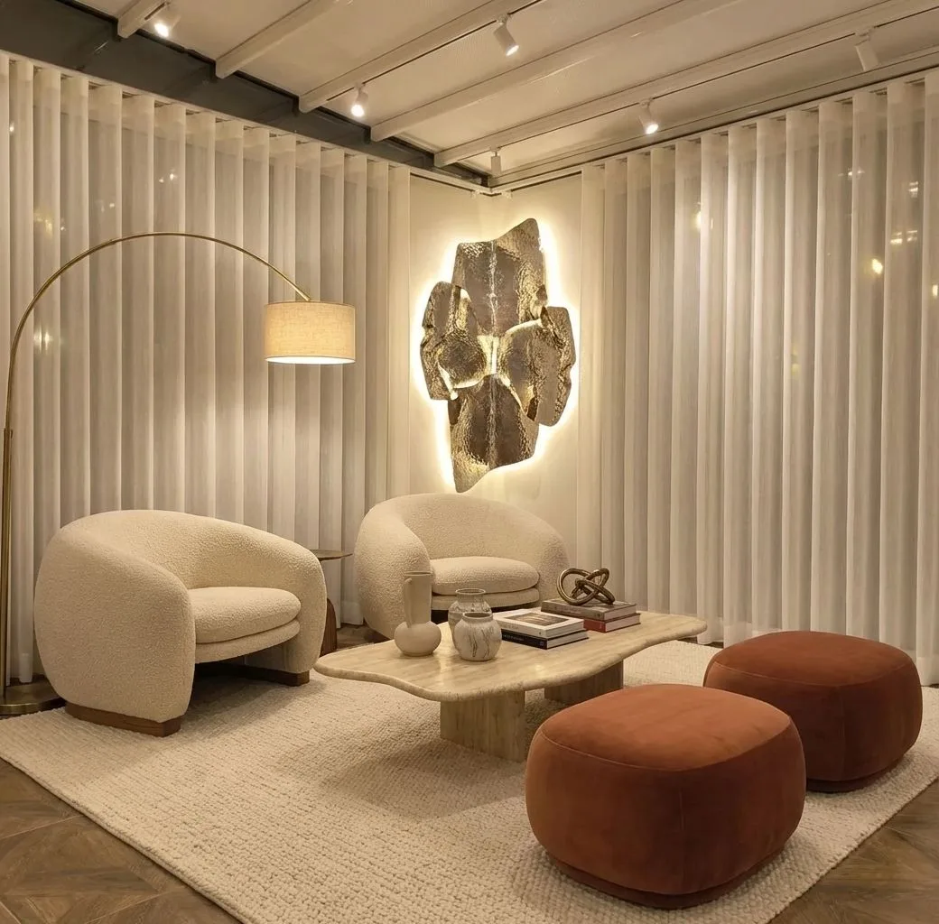 Modern luxury living room with cream boucle chairs, travertine coffee table, rust velvet ottomans, sheer white curtains, sculptural gold wall light, photorealistic interior design photography, 8k