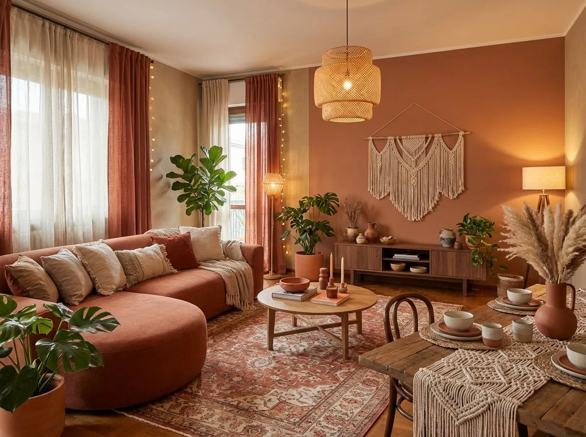 Bohemian living dining room with terracotta walls, curved sectional, woven pendant, wood table, macrame runner, photorealistic interior design photography, 8k