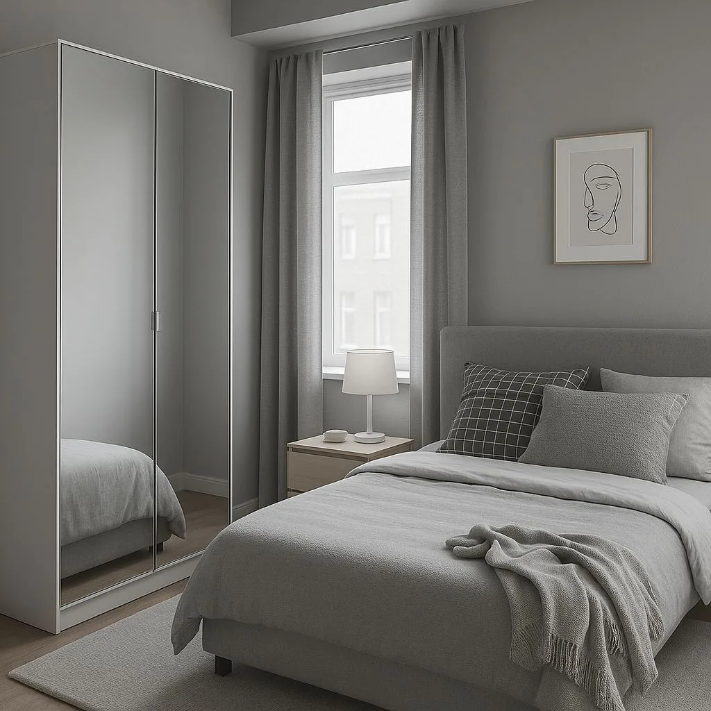 Minimalist bedroom with gray walls, fabric upholstered bed, mirrored wardrobe, light wood nightstand, gray linen curtains, photorealistic interior design photography, 8k