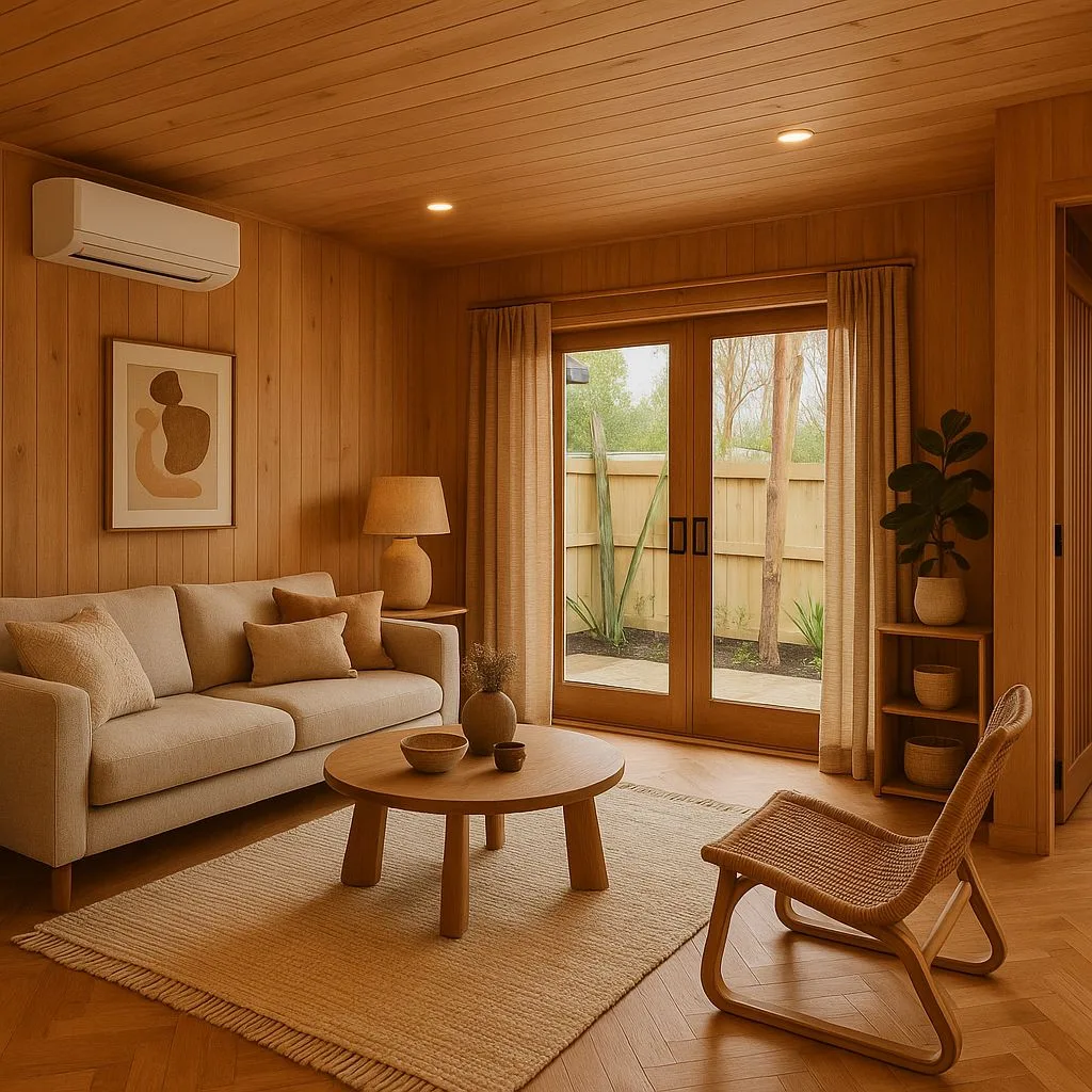 Warm minimalist living room with wood paneled walls, herringbone floors, light beige sofa, round wood coffee table, woven chair, photorealistic interior design photography, 8k