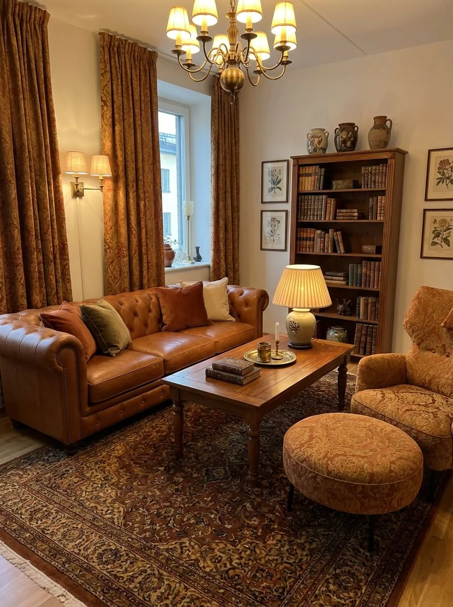 Traditional brown living room with tufted leather sofa, wood bookcase, patterned rug, bronze chandelier, brown patterned armchair, photorealistic interior design photography, 8k