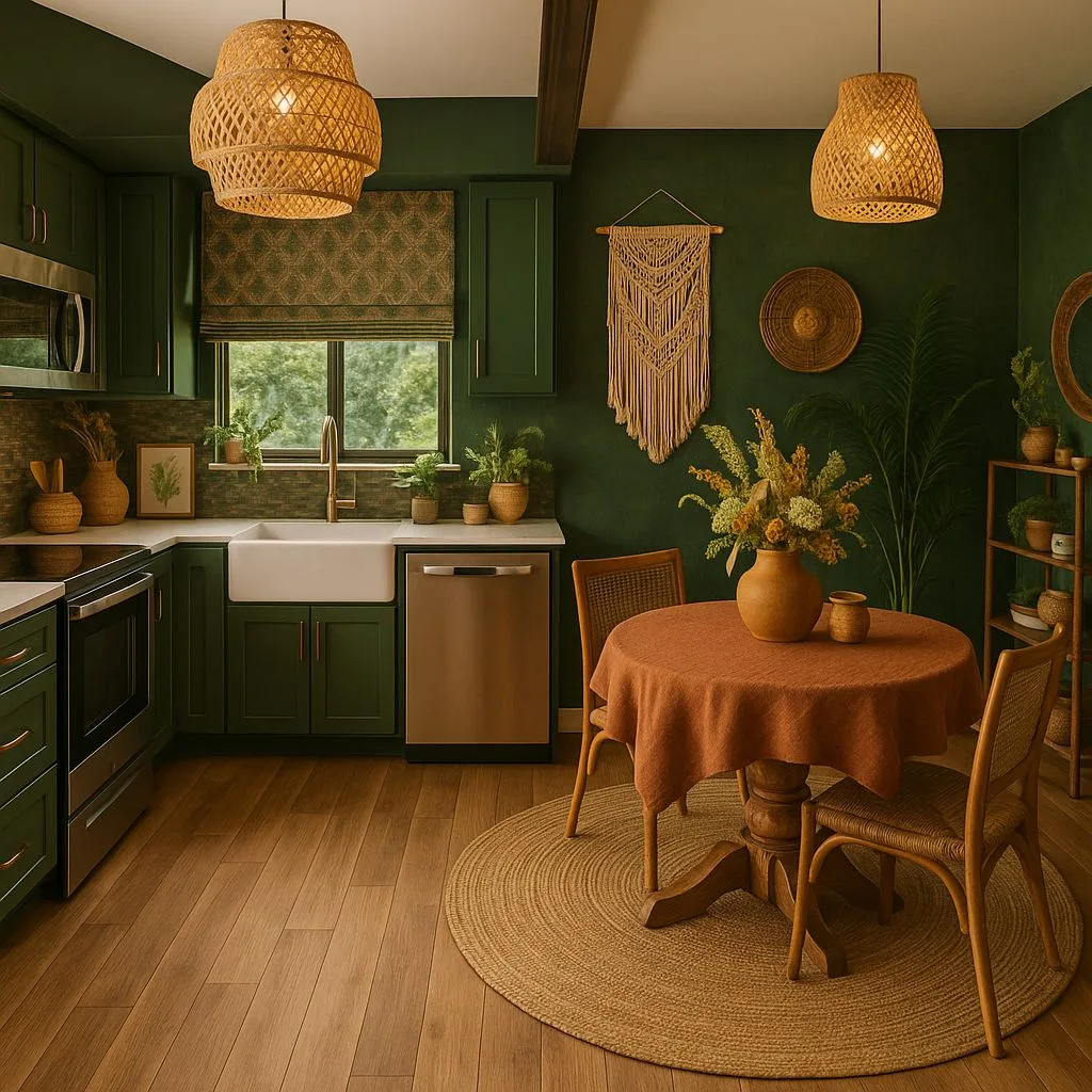 Bohemian kitchen with forest green cabinets, white countertops, woven pendant lights, round jute rug, terracotta tablecloth, photorealistic interior design photography, 8k