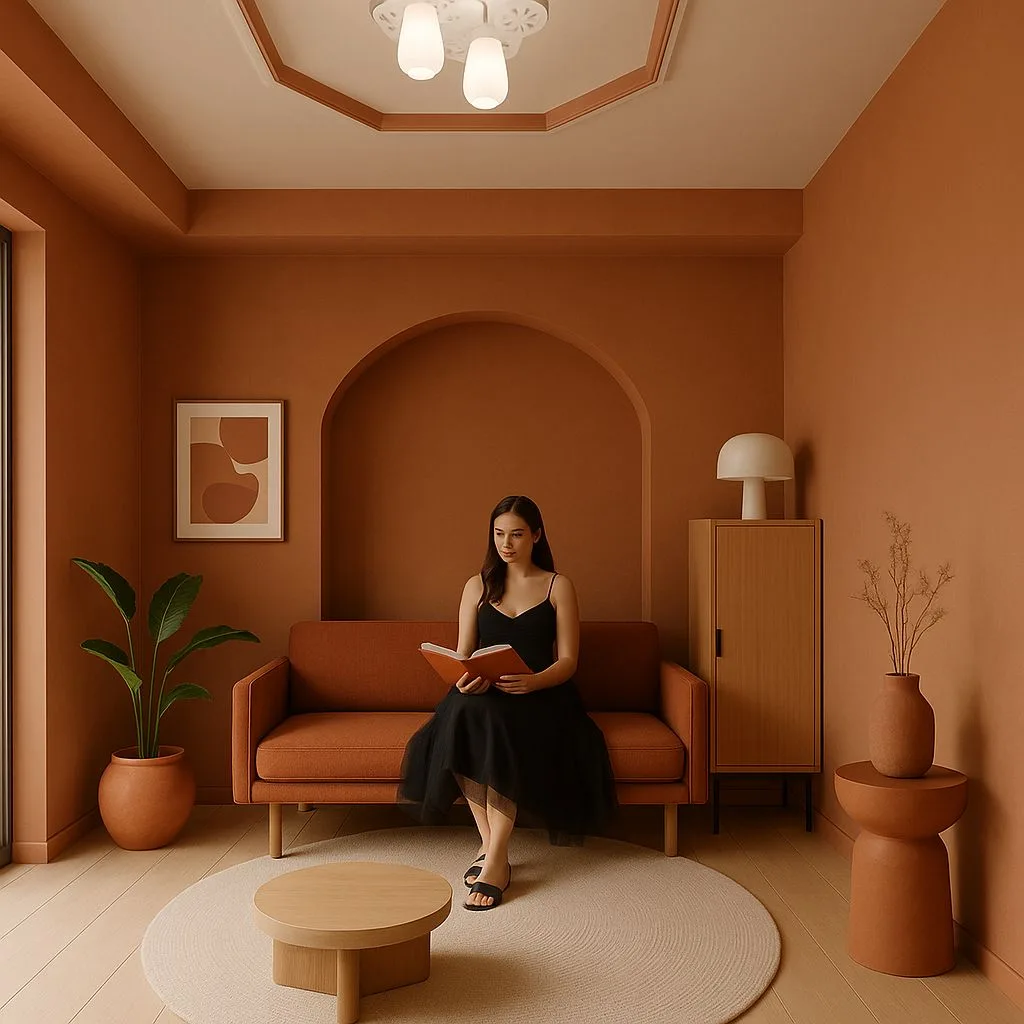 Minimalist terracotta living room with arched alcove, light wood floors, round jute rug, mushroom lamp, flush mount lighting, photorealistic interior design photography, 8k