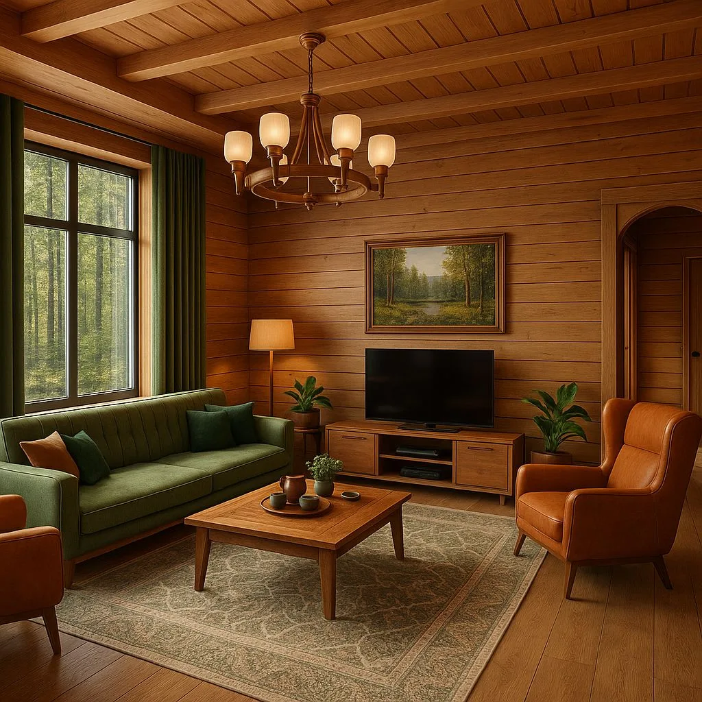 Rustic wood paneled living room with green velvet sofa, leather armchair, wood coffee table, landscape painting, wood chandelier, photorealistic interior design photography, 8k