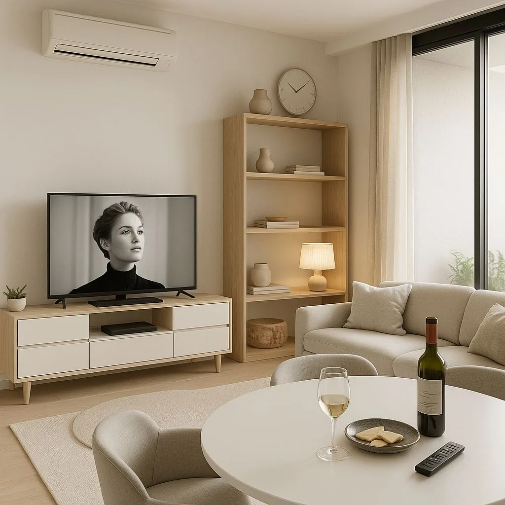 Scandinavian living room with light wood shelving, beige linen sofa, round white table, gray upholstered chairs, sheer curtains, photorealistic interior design photography, 8k
