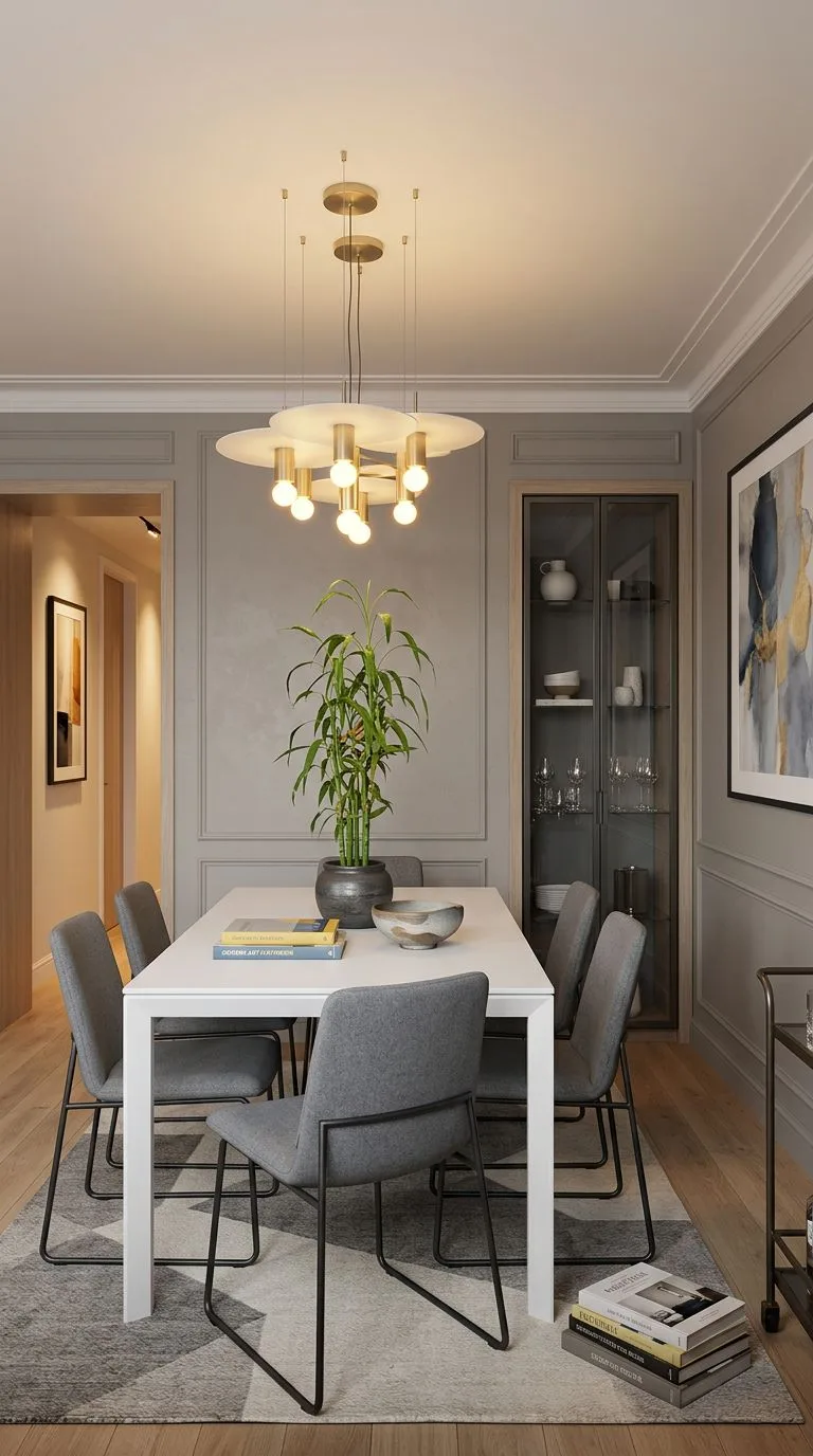 Contemporary dining room with warm gray walls, white dining table, gray upholstered chairs, modern brass pendant, patterned rug, photorealistic interior design photography, 8k