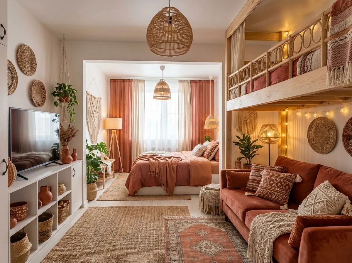 Bohemian bedroom living room with terracotta sofa, jute rugs, woven wall decor, macrame hangings, rattan pendants, photorealistic interior design photography, 8k