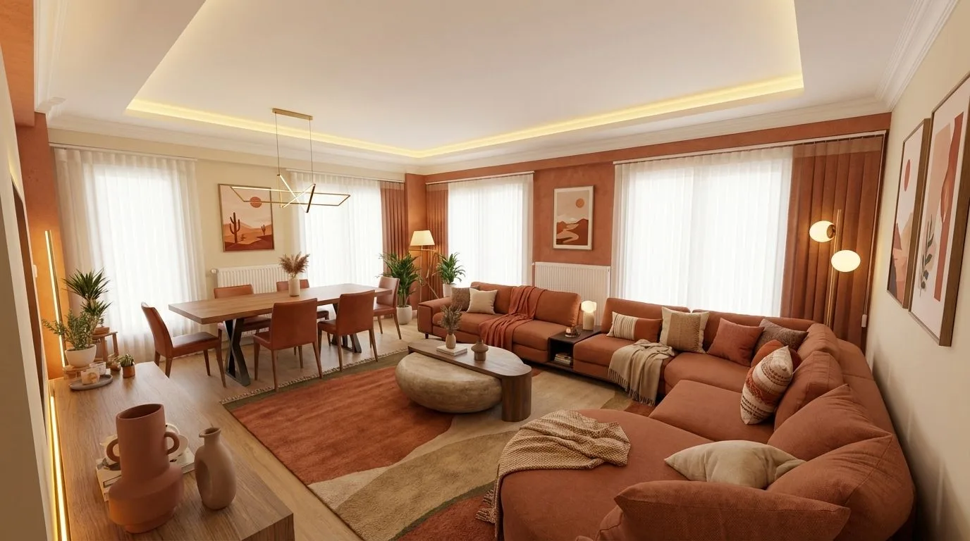 Bohemian terracotta living dining room with large sectional, wood table, layered rugs, desert artwork, globe floor lamp, photorealistic interior design photography, 8k