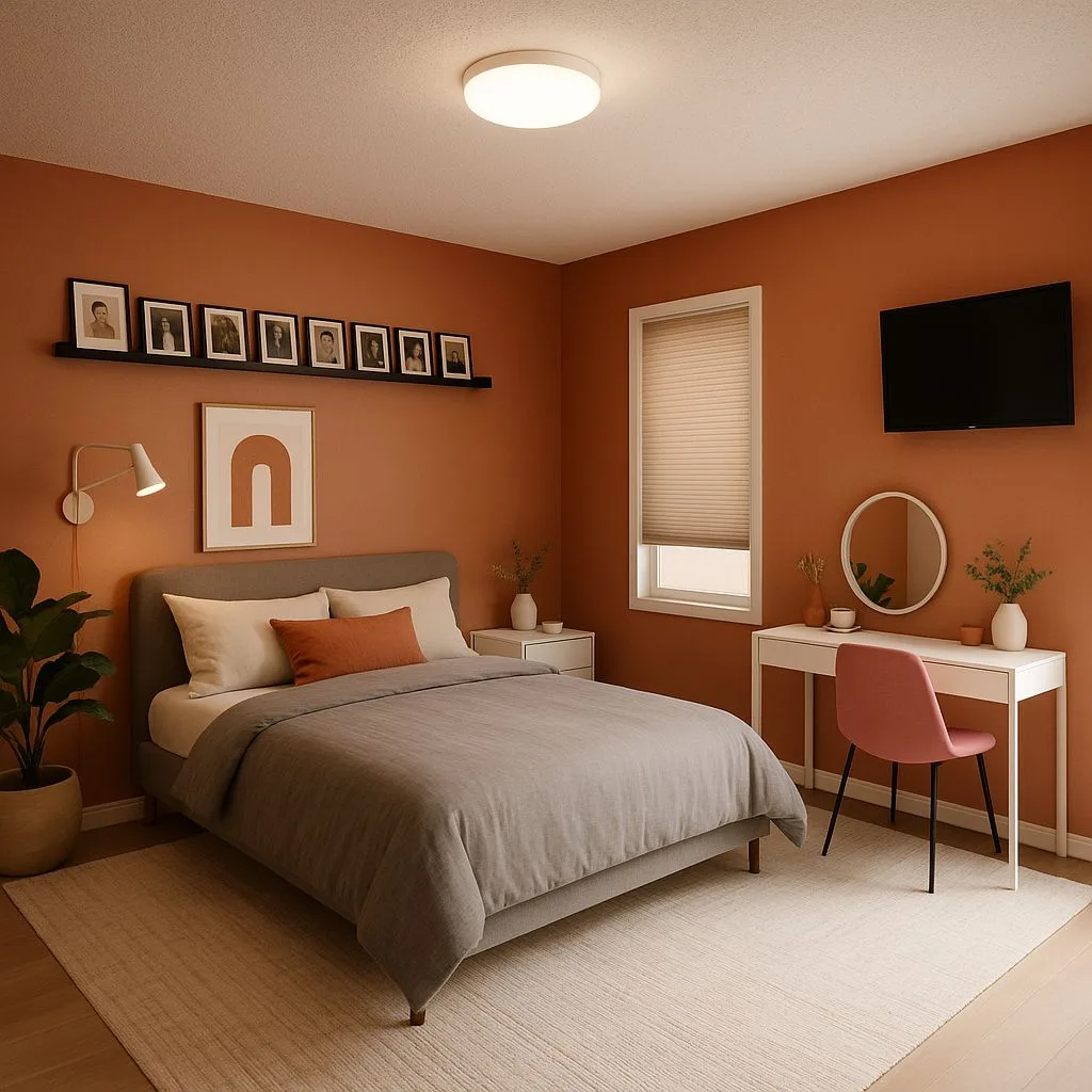 Warm terracotta bedroom with gray upholstered bed, white nightstands, modern white desk, pink chair, woven rug, photorealistic interior design photography, 8k