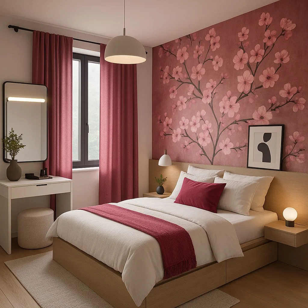 Japanese bedroom with cherry blossom wallpaper, light wood platform bed, white linen sheets, burgundy throw, globe bedside lamp, photorealistic interior design photography, 8k