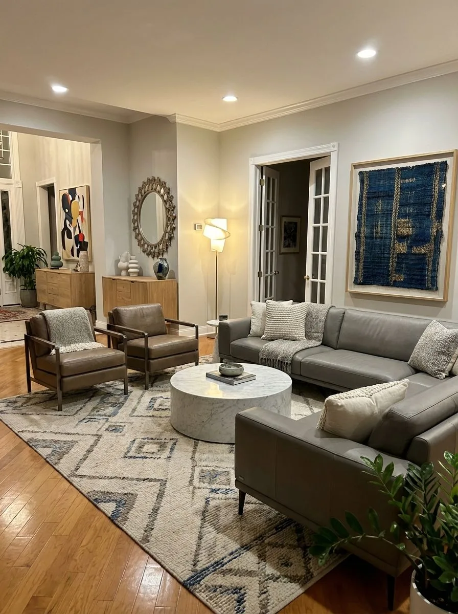 Transitional living room with grey leather sectional, brown leather armchairs, marble coffee table, patterned rug, brass floor lamp, photorealistic interior design photography, 8k
