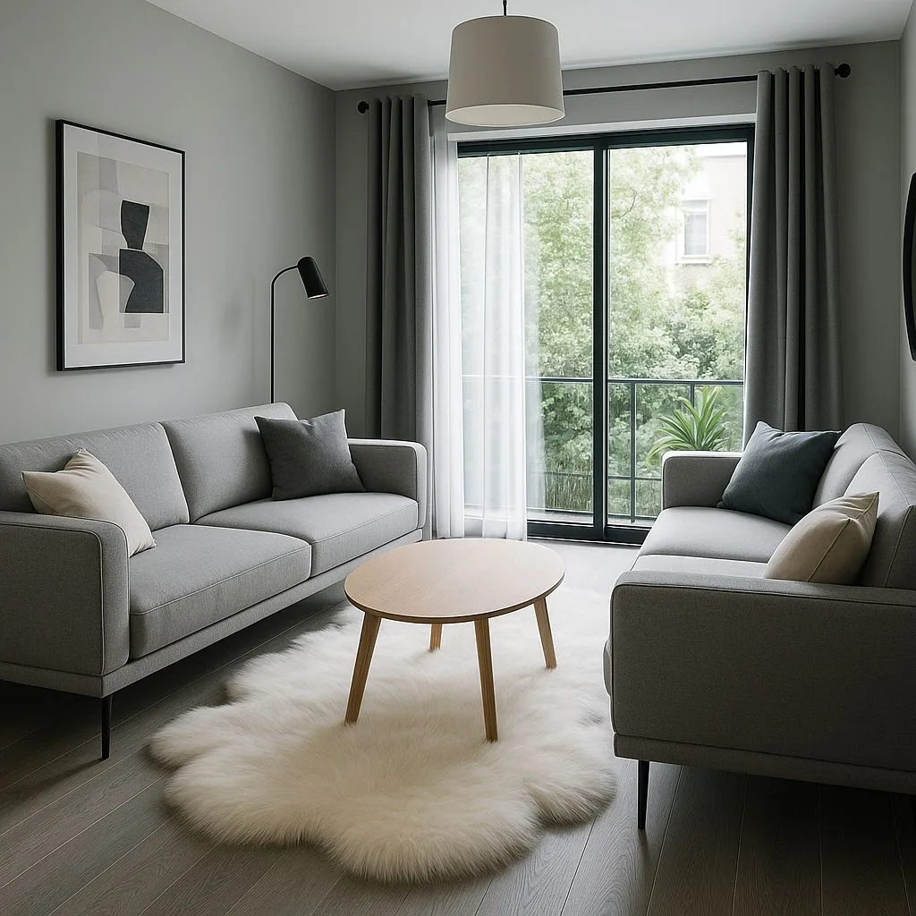 Modern minimalist living room with light grey walls, grey fabric sofas, wood coffee table, fluffy white rug, black floor lamp, photorealistic interior design photography, 8k
