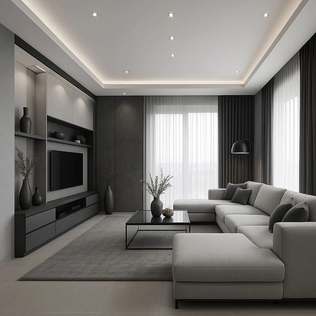 Minimalist living room with gray sectional, black accent wall, built-in shelves, black coffee table, recessed lighting, photorealistic interior design photography, 8k