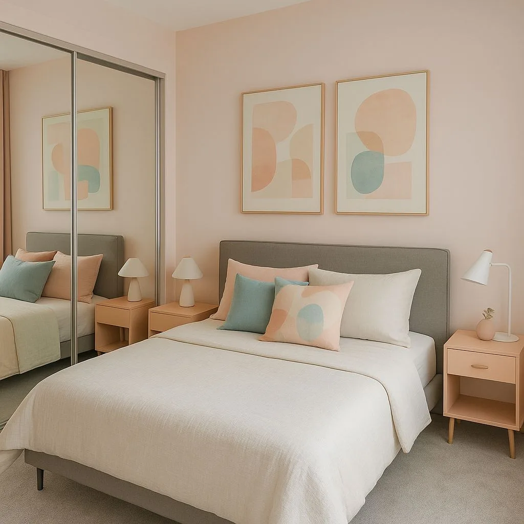 Modern pastel bedroom with light pink walls, gray upholstered bed, linen bedding, abstract art prints, light wood nightstands, white lamps, photorealistic interior design photography, 8k