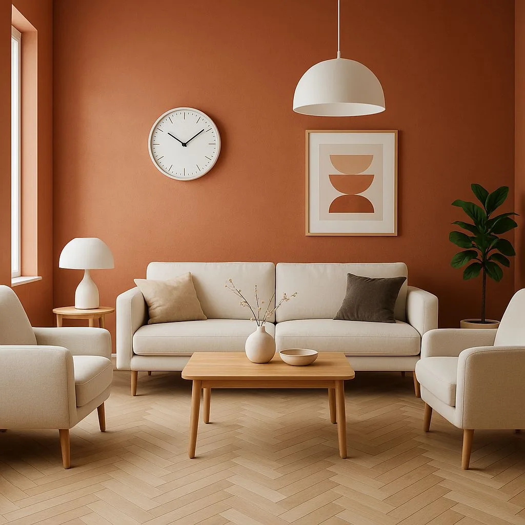 Warm modern living room with terracotta walls, herringbone wood floors, cream linen sofa, light wood coffee table, white pendant, photorealistic interior design photography, 8k