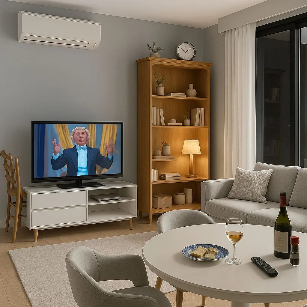 Modern warm gray living room with light wood bookcase, white media console, round white dining table, gray upholstered chairs, ambient table lamp, photorealistic interior design photography, 8k