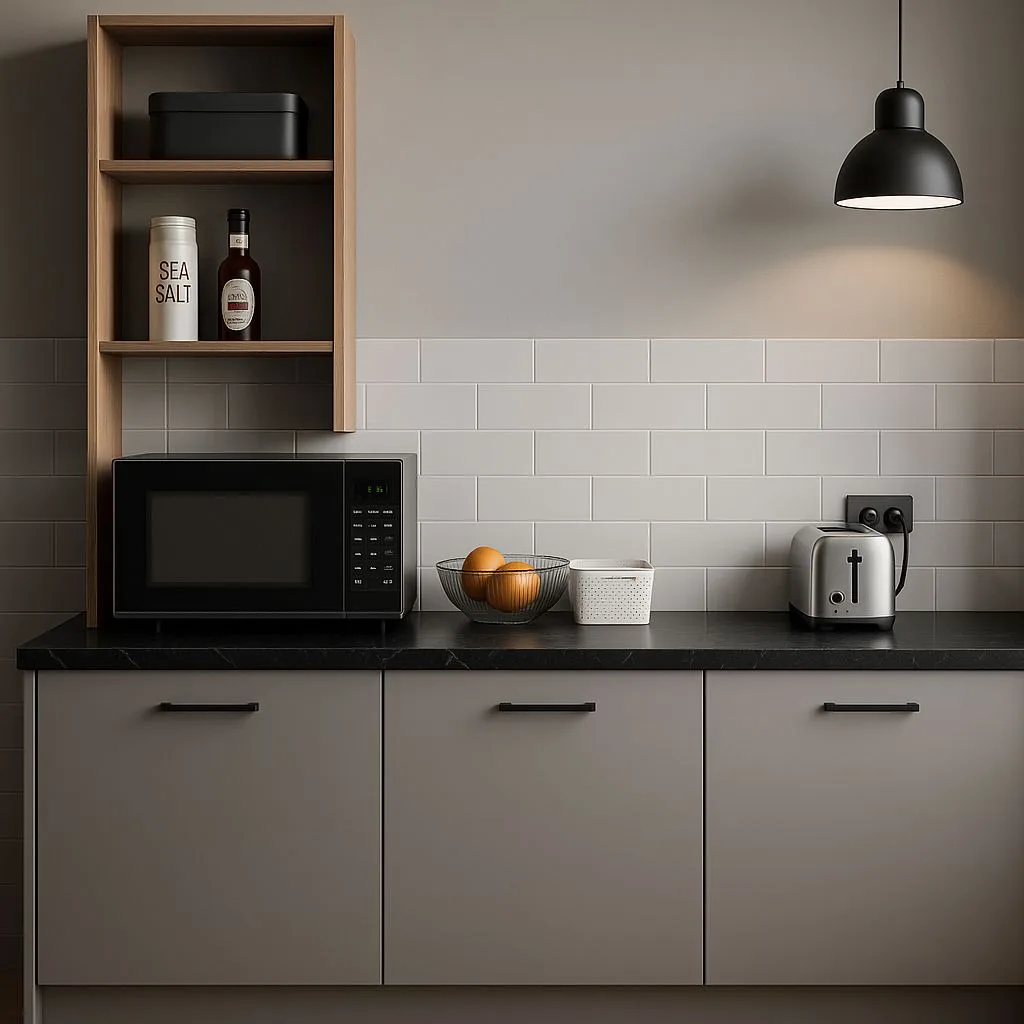 Modern minimalist kitchen with flat gray cabinets, black countertops, white subway tile, wood shelving, black pendant, photorealistic interior design photography, 8k