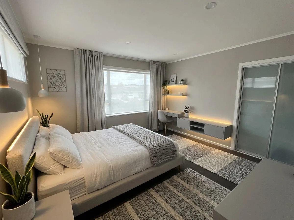 modern Interior: Minimalist modern bedroom with light grey walls, platform bed, white linen beddi