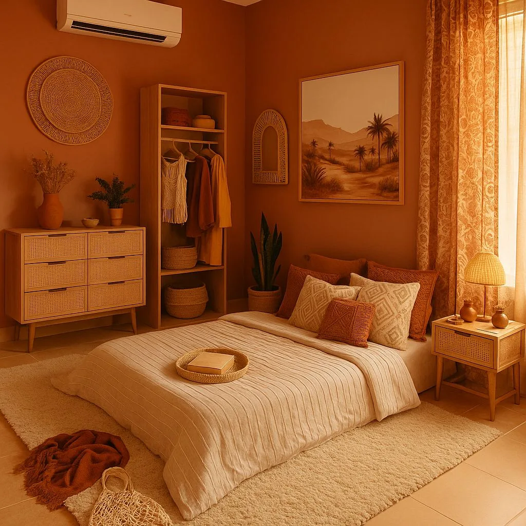 Warm terracotta bedroom with rattan dresser, rattan nightstand, beige linen bedding, woven rug, desert landscape art, photorealistic interior design photography, 8k